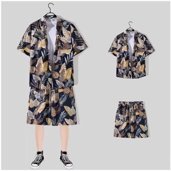 男士沙灘裝冰絲短袖花襯衫套裝【1123黑色 一套】(尺碼：M-3XL）【下單後請聯絡客服確認發貨尺碼】