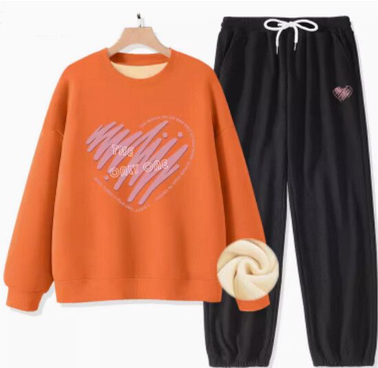 加絨款衛衣褲子兩件套【暖橘色（唯一心）+黑褲】【M-XXL碼】（下單後請聯絡客服確認發貨尺碼）