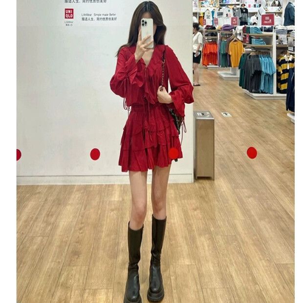 荷葉邊套裝【紅色荷葉邊上衣+半身裙】尺碼【S碼—XL碼】【下單後請聯絡客服確認發貨尺碼】