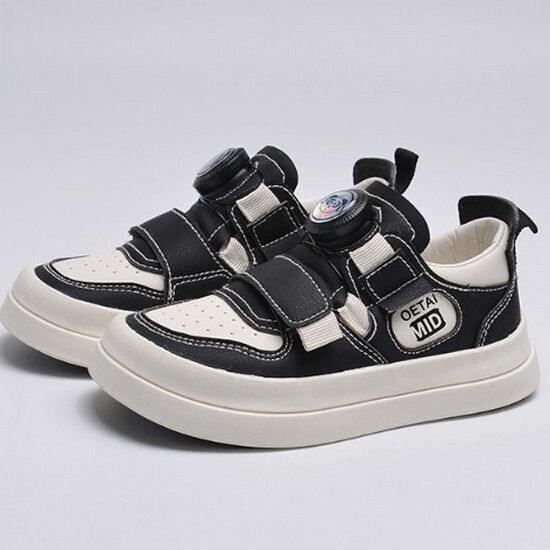兒童板鞋 男童旋轉鈕扣休閒鞋（米黑 24碼-37碼）（下單後請聯酪客服確認發貨尺碼）