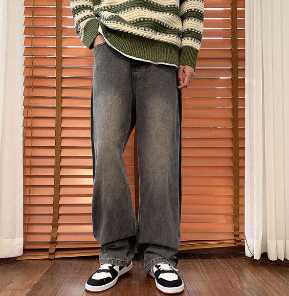 寬鬆休閒復古直筒牛仔褲水洗拼接闊腿褲【灰色】(尺碼：S-3XL）【下單後請聯絡客服確認發貨尺碼】