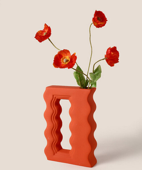 孟菲斯手柄花器花藝套裝-磚紅陶瓷花器+1支橙紅罌粟花