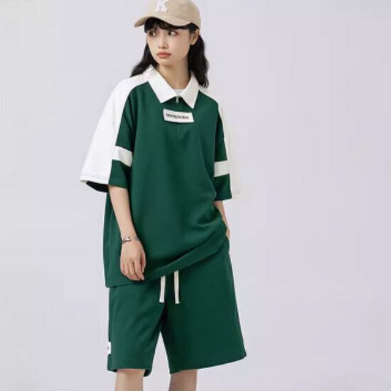 Polo領短袖短褲兩件套【墨綠色】【S-XXXL碼】（下單後請聯絡客服確認發貨尺碼）