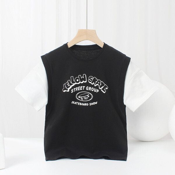 韓版透氣短袖 中大童假兩件籃球上衣 T恤（黑色）（尺碼120-160）(下單後聯絡客服確認發貨尺碼）