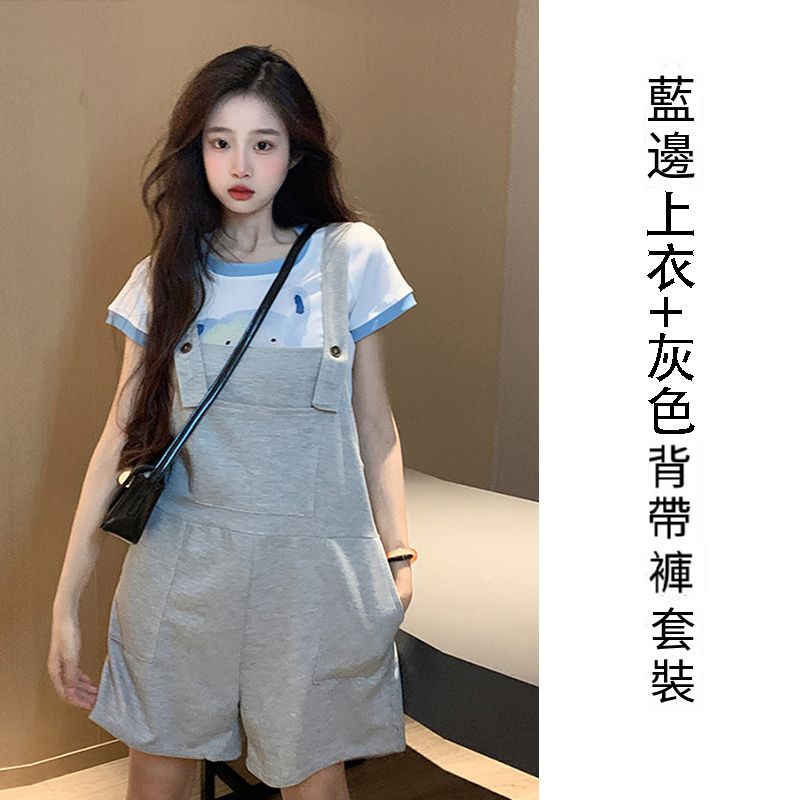 藍邊上衣+灰色背帶褲【套裝】（S碼-L碼）（下單後請聯絡客服確認發貨尺碼）