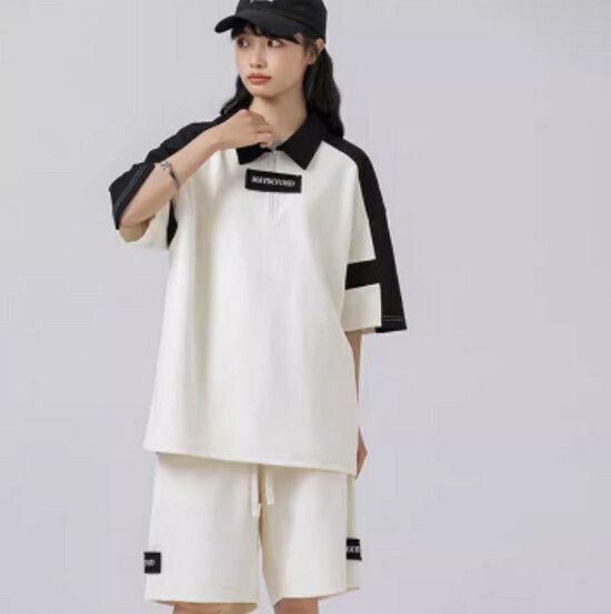 Polo領短袖短褲兩件套【杏色】【S-XXXL碼】（下單後請聯絡客服確認發貨尺碼）