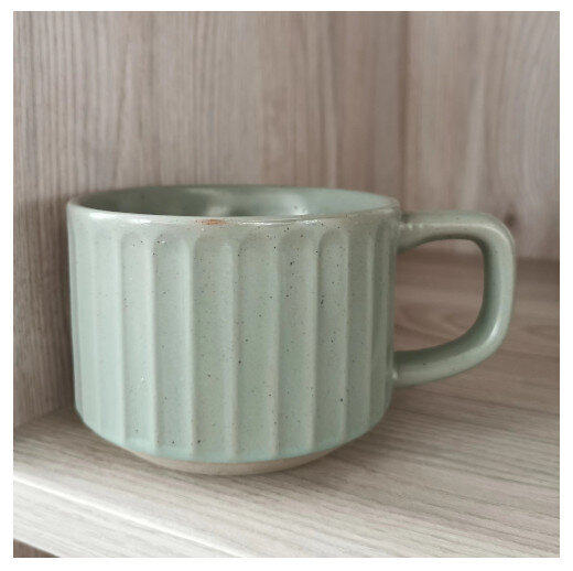 陶瓷杯馬克杯咖啡杯【豆綠色-豎條紋】（容量408ml）