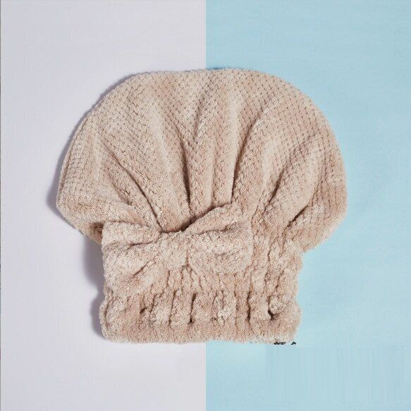 日系蝴蝶結浴帽幹髮帽（卡其 26*27CM）#(KFF)