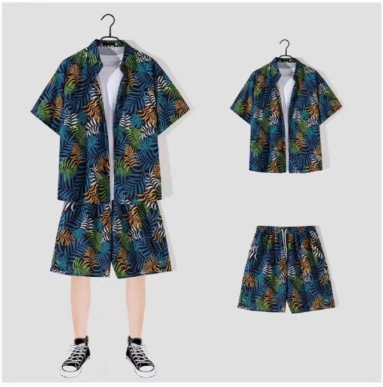 男士沙灘裝冰絲短袖花襯衫套裝【2125藏青色 一套】(尺碼：M-3XL）【下單後請聯絡客服確認發貨尺碼】