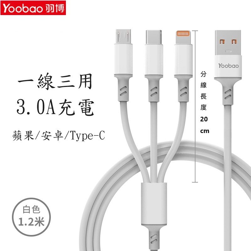 羽博3合1數據線1.2米(平行進口)蘋果叉電線/安卓充電線/Type-C/Lightning/Android Cable