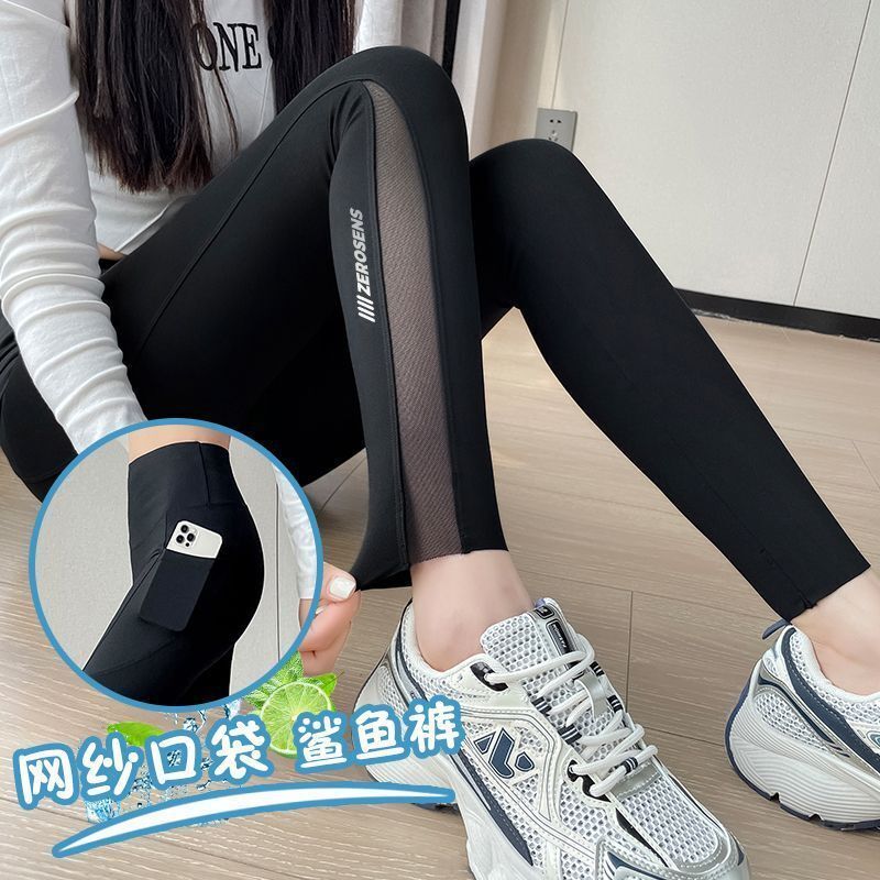 T35【80-100斤】 M 鯊魚褲 黑色 2024新款女外穿 春秋冬夏季 健身 打底 瑜珈 芭比褲 薄款口袋