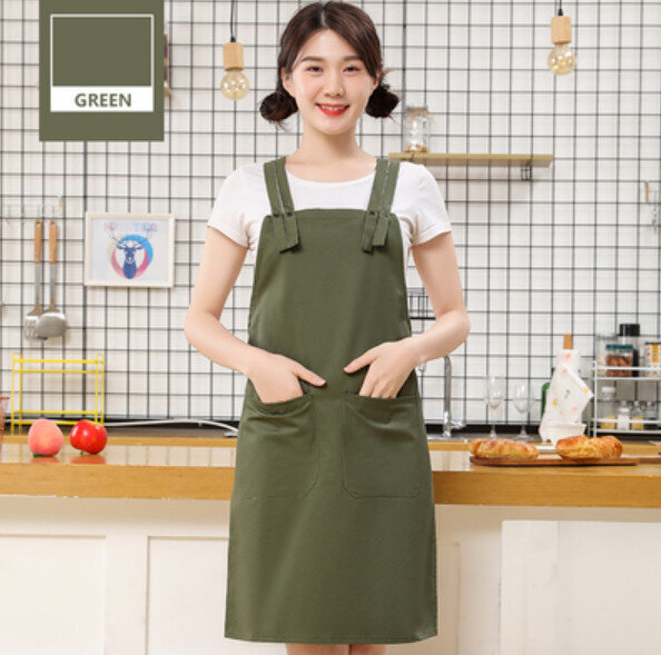 家用廚房簡約天絲棉圍裙（訂扣雙肩帶軍綠）