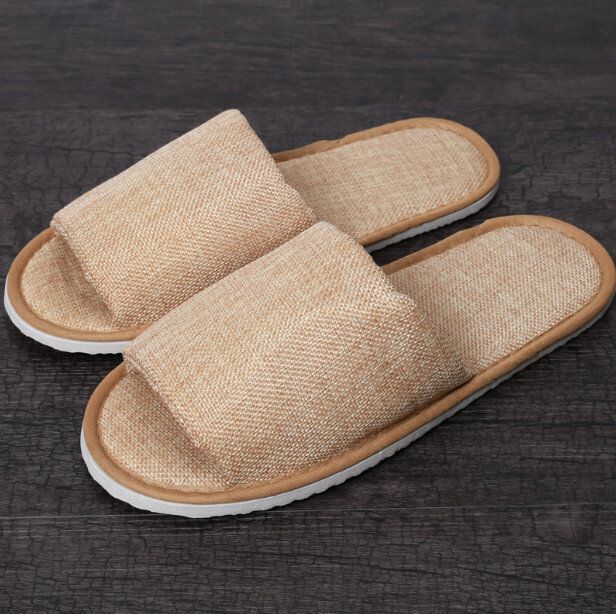 【兩對-卡其】一次性亞麻室內便攜拖鞋 純色拖鞋 28.5CM #(GTN)