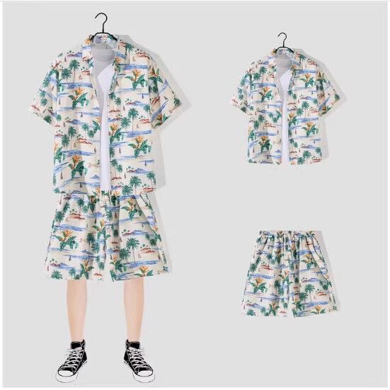 男士沙灘裝冰絲短袖花襯衫套裝【2130杏色 一套】(尺碼：M-3XL）【下單後請聯絡客服確認發貨尺碼】