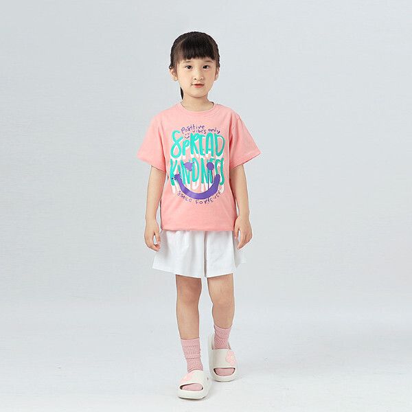 韓版女童休閒T恤 中大童印花上衣短袖（淺紅）（尺碼120-160）(下單後聯絡客服確認發貨尺碼）