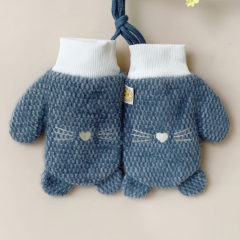 兒童刺繡包指掛脖加厚保暖手套(4-10歲藍灰）