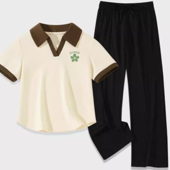 冰絲開衩褲子兩件套【奶白色（清雅花）+黑褲】【S-2XL碼】（下單後請聯絡客服確認發貨尺碼）