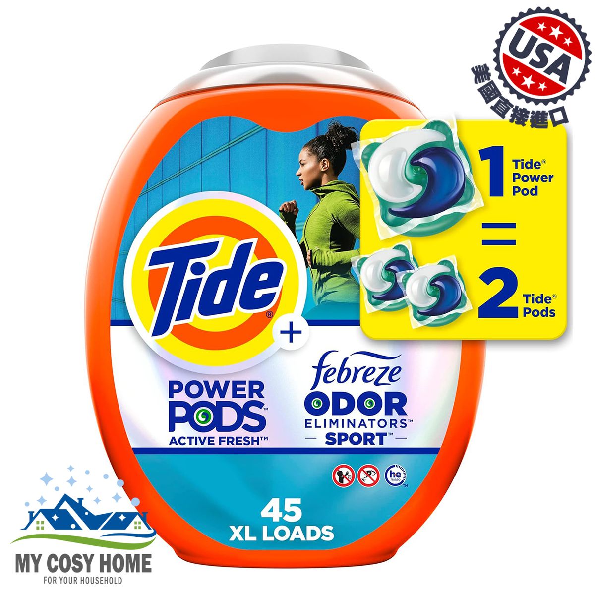 Power Pods Laundry Detergent Pacs with Febreze Sport (45 Loads)(76 oz / 2.17Kg)(Parallel Import)