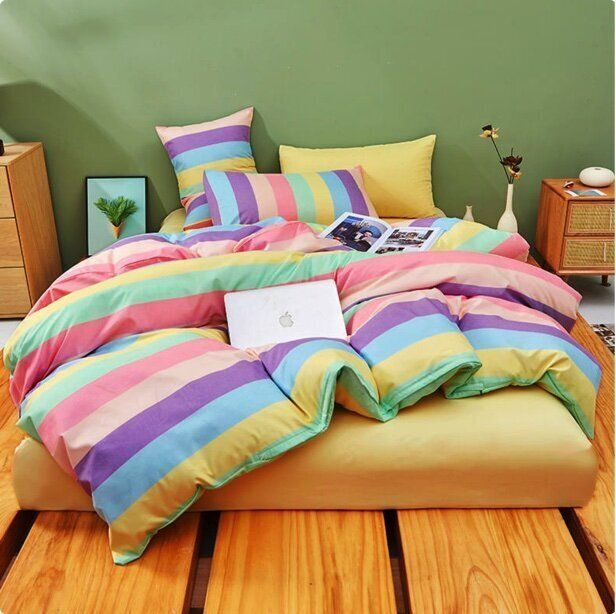 糖果色混搭床笠被套3件套（彩虹條 黃）【1.2m床罩款3件套 通合1.5*2m被芯】#(KFF)