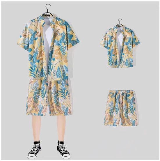 男士沙灘裝冰絲短袖花襯衫套裝【1123黃色 一套】(尺碼：M-3XL）【下單後請聯絡客服確認發貨尺碼】