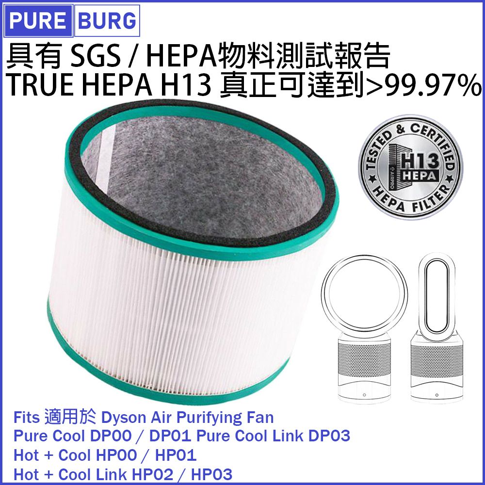 適用於 Dyson Pure Hot + Cool HP00 HP01 HP02 HP03 Pure Cool Link DP01 DP03 空氣清新機 H13級TRUE HEPA 濾網濾芯