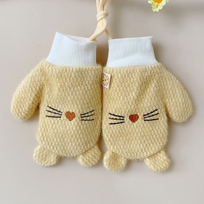 兒童刺繡包指掛脖加厚保暖手套(4-10歲淡黃）