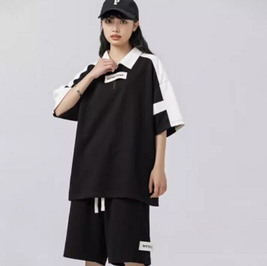 Polo領短袖短褲兩件套【黑色】【S-XXXL碼】（下單後請聯絡客服確認發貨尺碼）