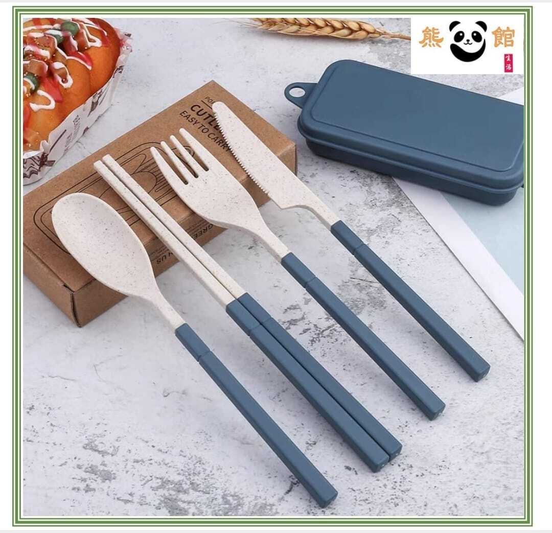 4-in-1 Wheat Portable Environmentally Friendly Tableware set（blue）【Parallel Import】