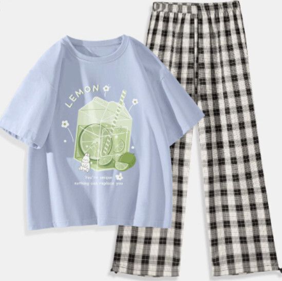 短袖格子褲兩件套【淺藍色（冰爽青檸）+黑白褲】【S-XXL碼】（下單後請聯絡客服確認發貨尺碼）