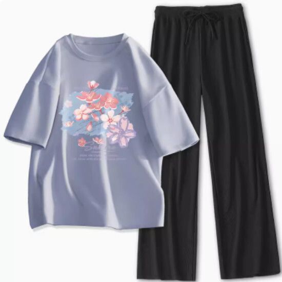 寬鬆短袖長褲兩件套【淺藍色（塗雅櫻花）+黑褲】【S-XL碼】（下單後請聯絡客服確認發貨尺碼）