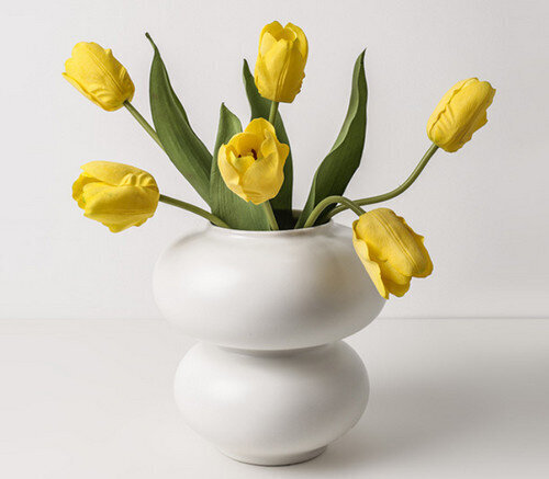 異形陶瓷白色花瓶小號+鬱金香黃色6支