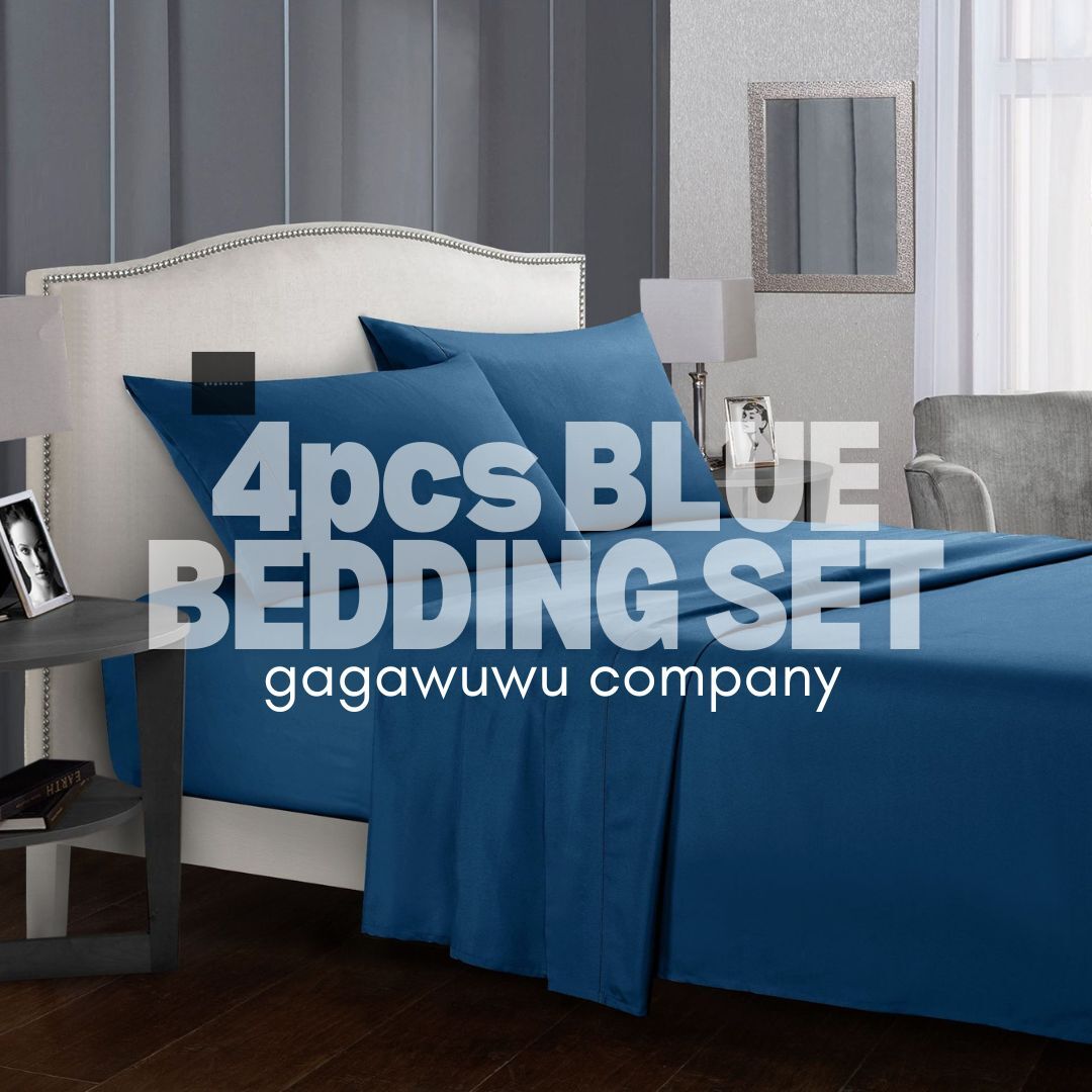 Blue Colour Collection Bedding Set 4pcs Set with Fitted Bed Sheet + Flat Sheet + Pillow Case