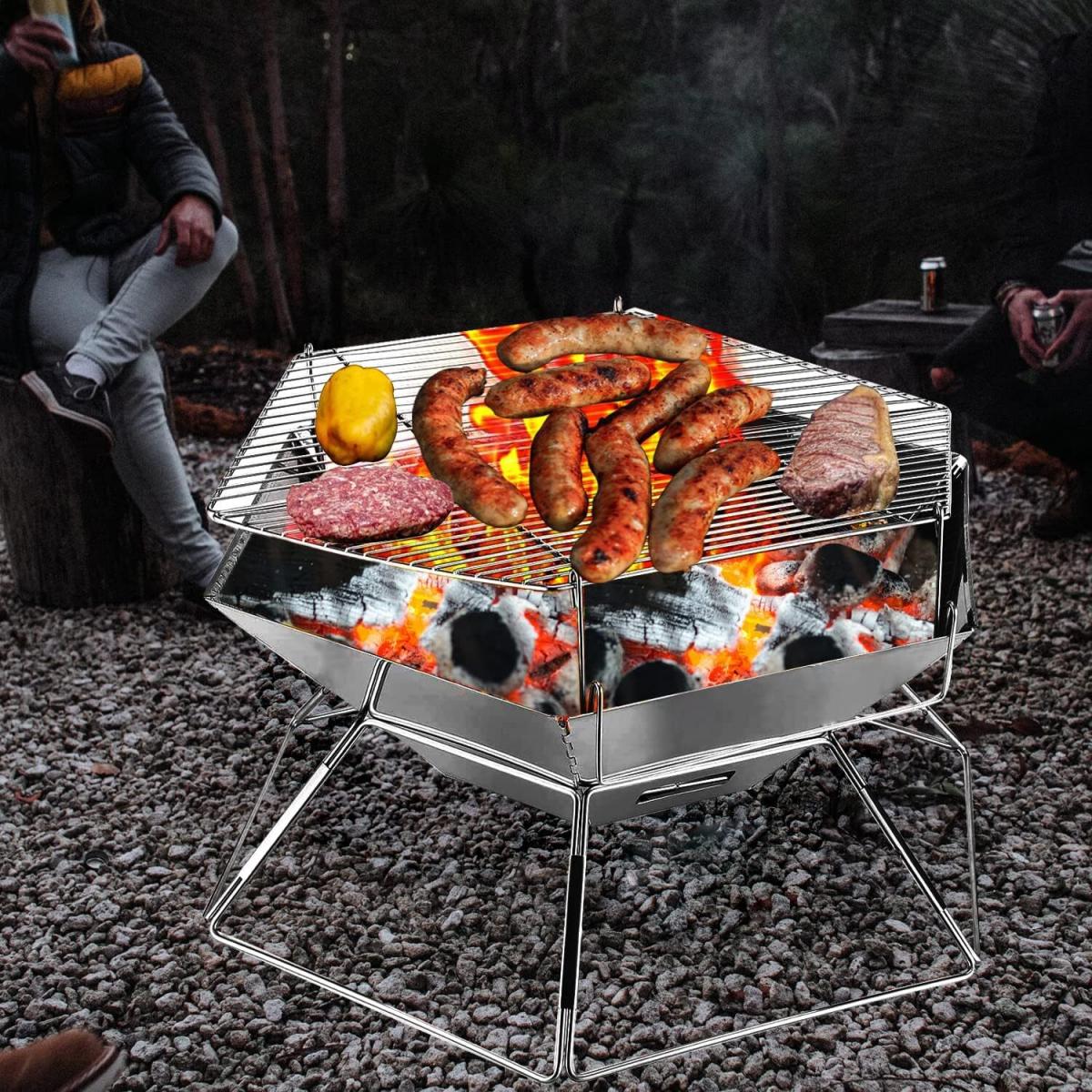 Portable Steel Charcoal Grill, Hexagonal Collapsible Camping Fire Pit BBQ Grill Carrying Bag