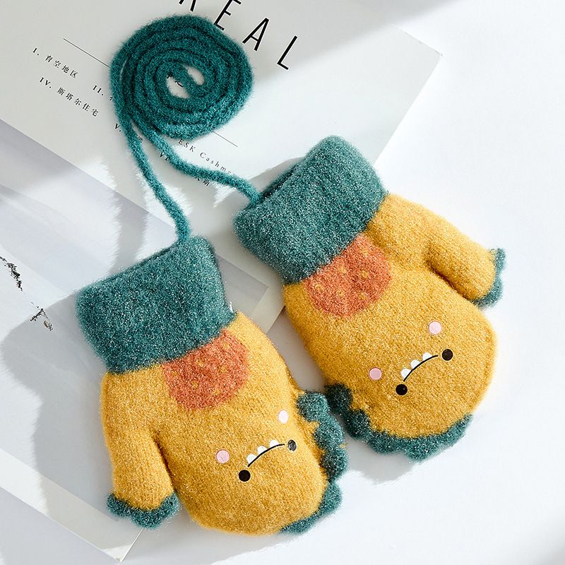 可愛加絨加厚卡通掛脖保暖手套(建議0-3歲 薑黃色)