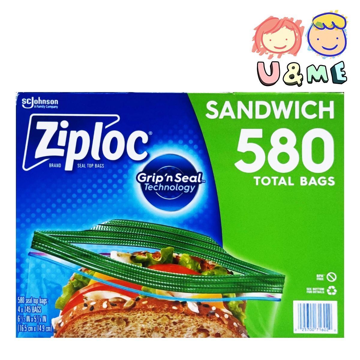 *Original Box 580pcs* Seal Top Bags Sandwich Bags 145count, 4-pack (Parallel Import)