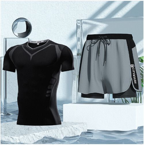 男士泳衣沙灘褲套裝（灰色泳褲+311短袖）（L-5XL)（下單後跟客服聯系發貨的尺寸）
