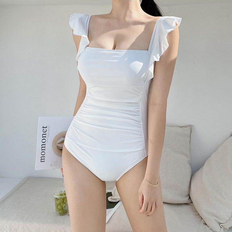 Solid Color One-Piece Ruffled Shoulder Square Neck Backless Swimsuit - White L