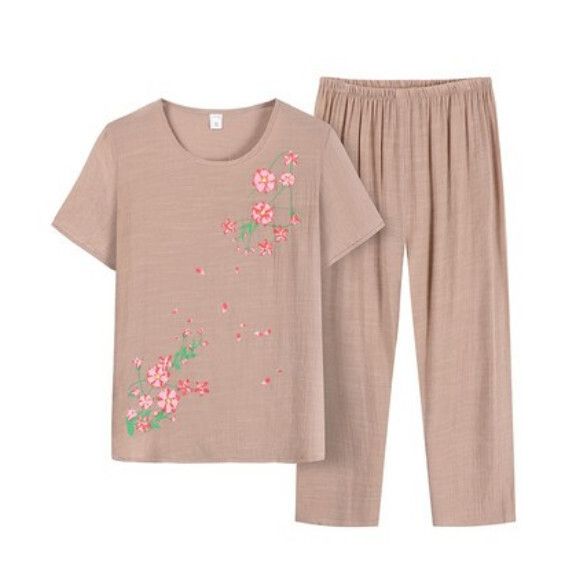 夏季中老年棉麻休閒套裝（駝色）【尺碼：XL-4XL】【下單後聯絡客服確認發貨尺碼】F203013081