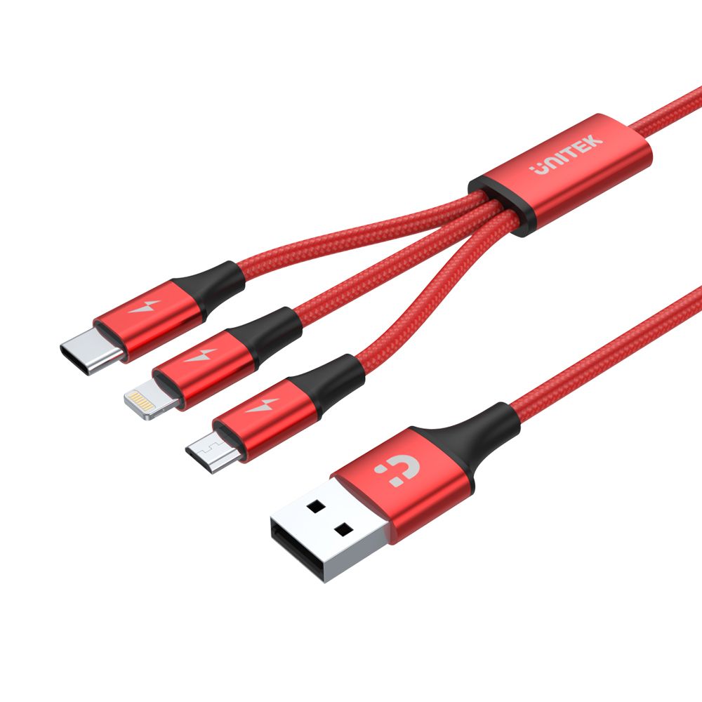 3合1 USB-A 快充充電線 | Lightning | USB-C Type-C | Micro USB | 可同時充 3台裝置 最高每端口 5V2.4A | 耐用尼龍編織線身 | 紅色
