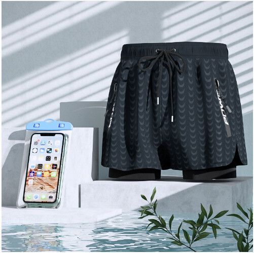 男士游泳泳褲套裝（黑色鯊魚+手機袋）（L-5XL)（下單後跟客服聯系發貨的尺寸）