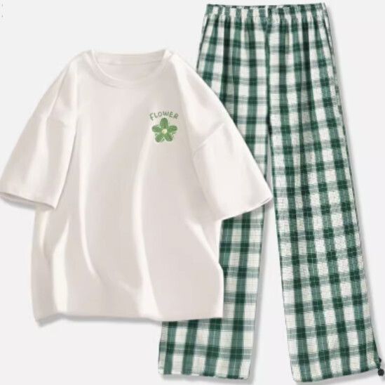 短袖百搭休閒兩件套【白色（清雅花）+深綠褲】【S-2XL碼】（下單後請聯絡客服確認發貨尺碼）