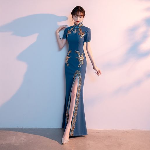 Spring and Autumn Retro Chinese Fishtail Split Show Evening Dress Royal  Blue Etiquette Qipao | Color : Blue | Size : XS | HKTVmall The Largest HK  Shopping Platform