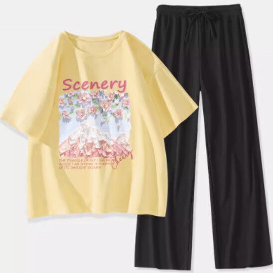 短袖冰絲褲兩件裝【鵝黃色（富士櫻花）+黑褲】【S-XL碼】（下單後請聯絡客服確認發貨尺碼）