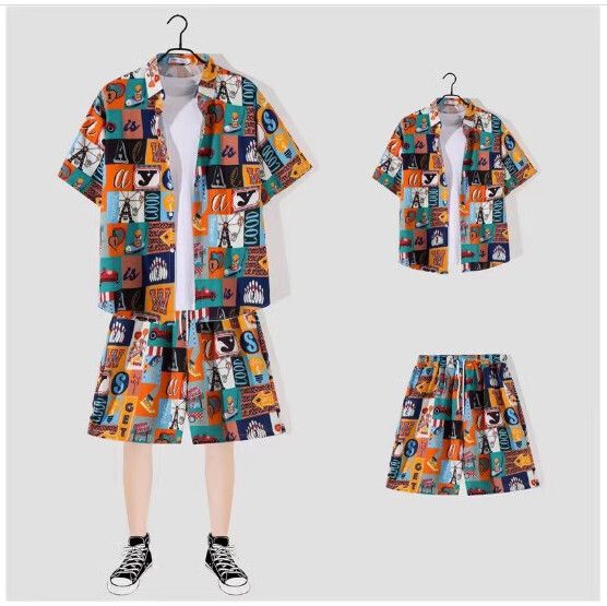 男士沙灘裝冰絲短袖花襯衫套裝【2137黃色 一套】(尺碼：M-3XL）【下單後請聯絡客服確認發貨尺碼】