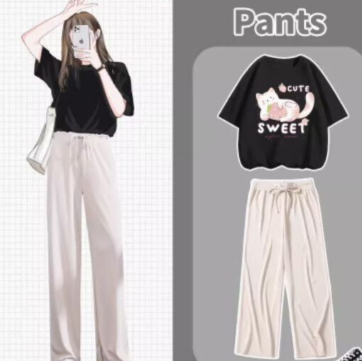 闊腿褲t恤兩件套【黑色（草莓貓）+杏褲】【S-XL碼】（下單後請聯絡客服確認發貨尺碼）