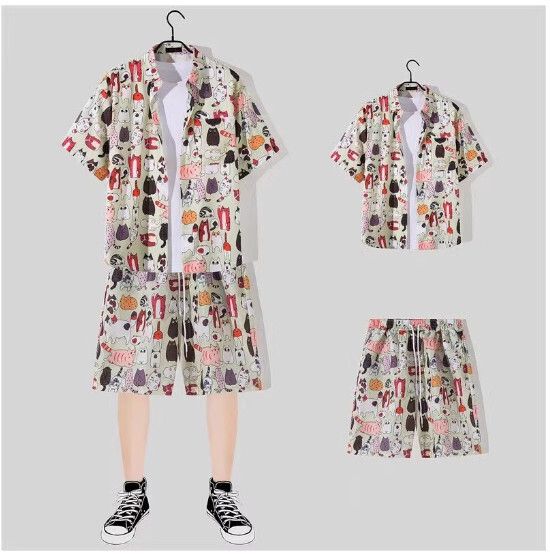 男士沙灘裝冰絲短袖花襯衫套裝【1152綠色 一套】(尺碼：M-3XL）【下單後請聯絡客服確認發貨尺碼】