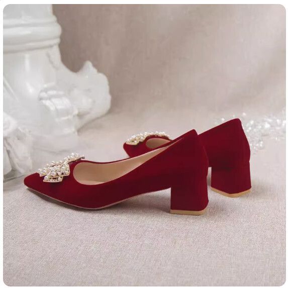 中式紅色粗跟婚鞋女（4.5cm酒紅色【34_40碼】(下單後聯繫客服確認發貨尺碼）