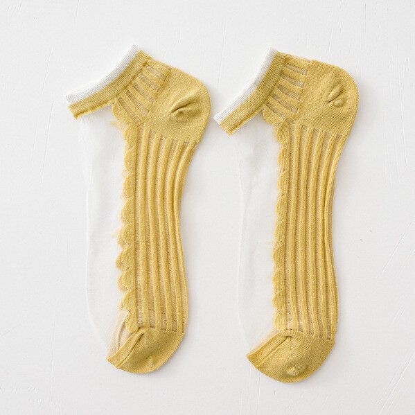春夏淺口玻璃絲襪女透明水晶絲船襪(平板-黃色)
