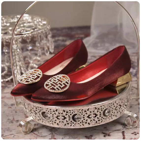 禮服中式紅色帶跟新娘鞋（低跟【35_39碼】(下單後聯繫客服確認發貨尺碼）