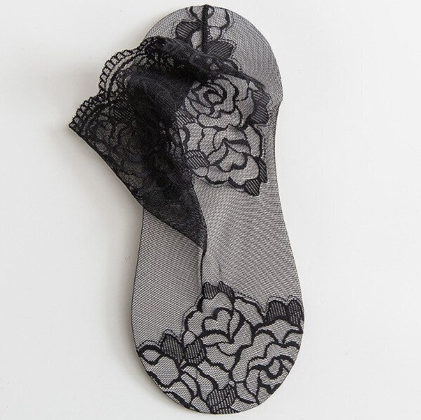 春夏蕾絲花邊襪子女防掉船襪棉底(黑)1雙